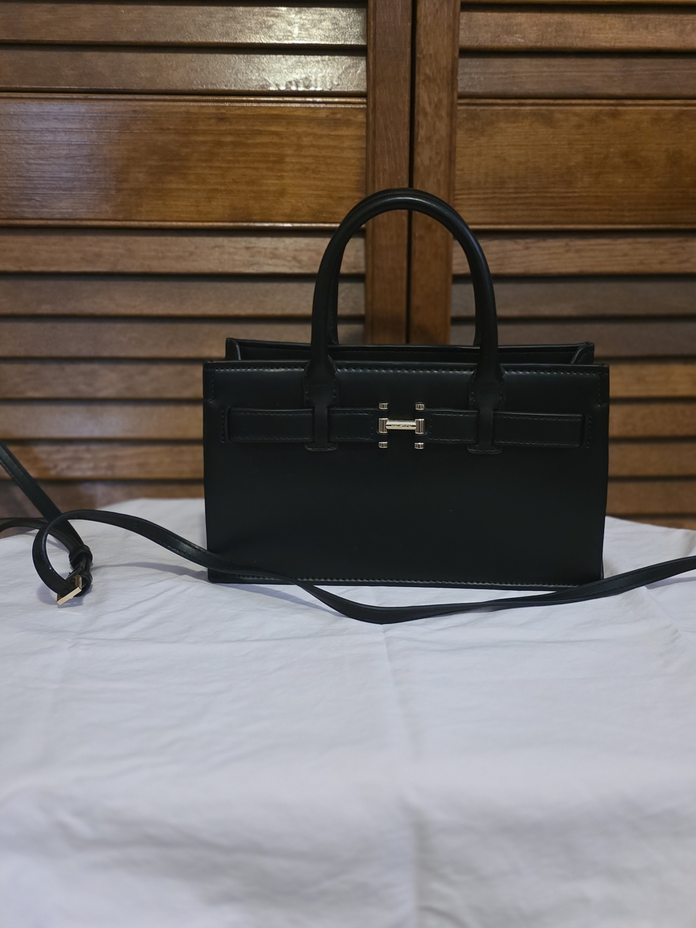 Halston Black Structured Leather Top-Handle Bag with Gold Hardware